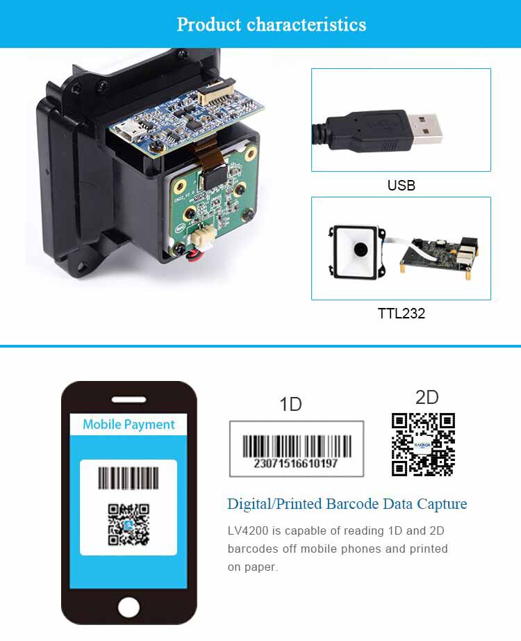 LV4200 2D USB/TTL Módulo de Scanner de Código de Barras